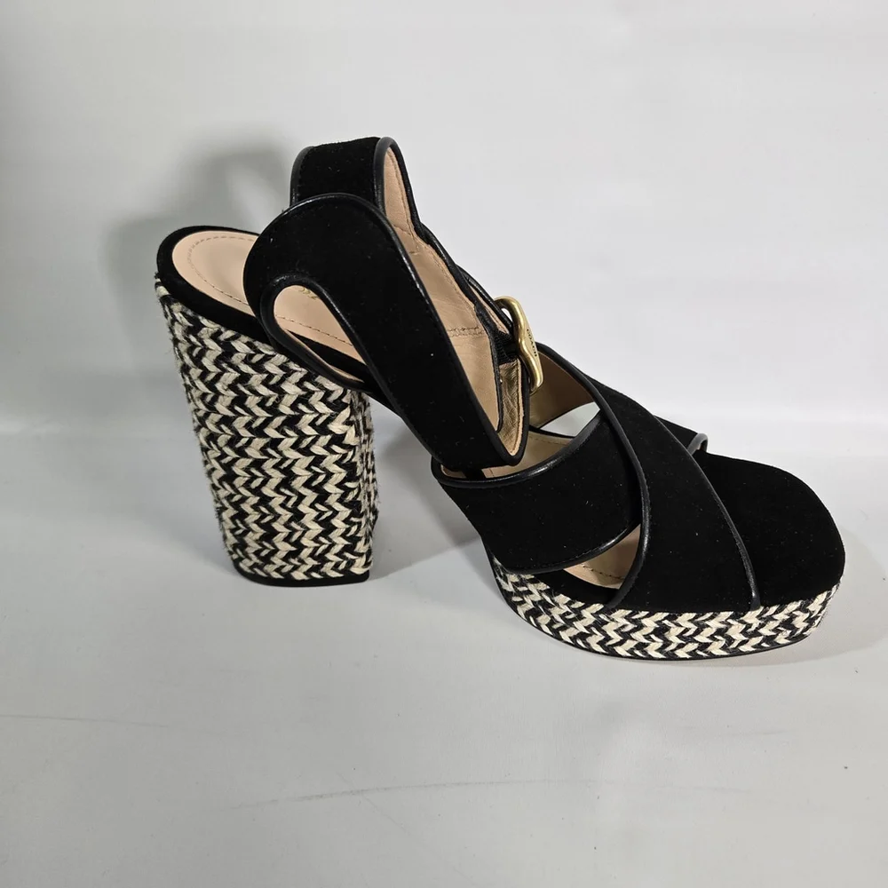 Coach Nelly Raffia Platform Chunky Heel Sandals Black Size 10 NIB Party Designer